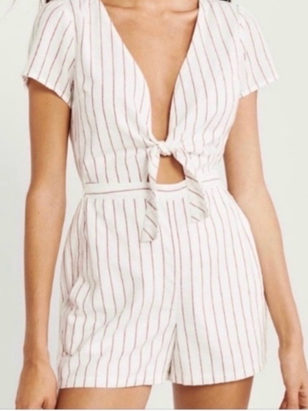 Striped Tie-Front Short Jumpsuit in White and Burgundy